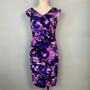 London Times Purple Pleated Off the Shoulder Mini Dress